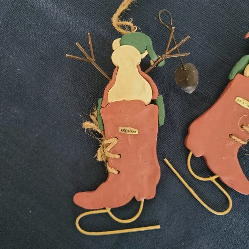 Vintage Winter Ice Skates With Snowman Christmas Ornaments Set of Two